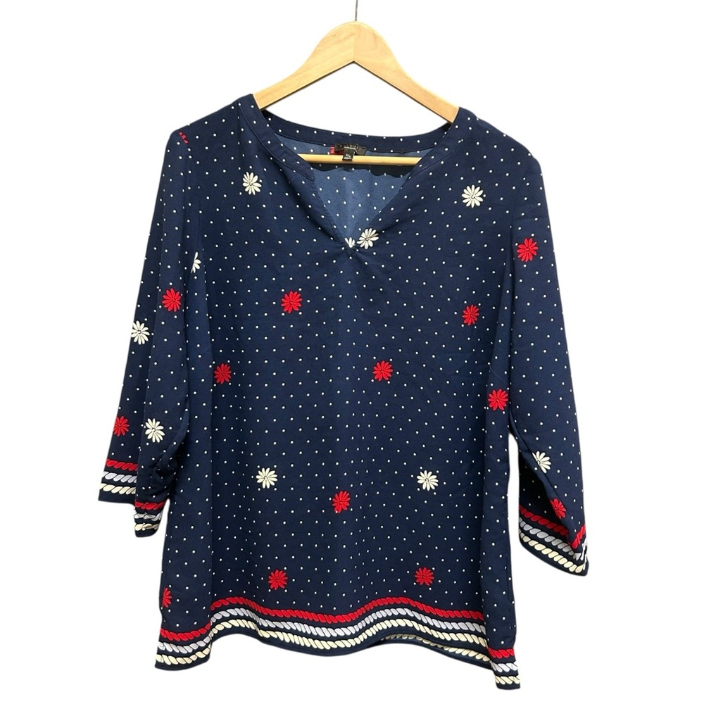 Talbots Nautical Polka Dot & Daisy Embroidered Tunic Blouse - Size 1X Petite